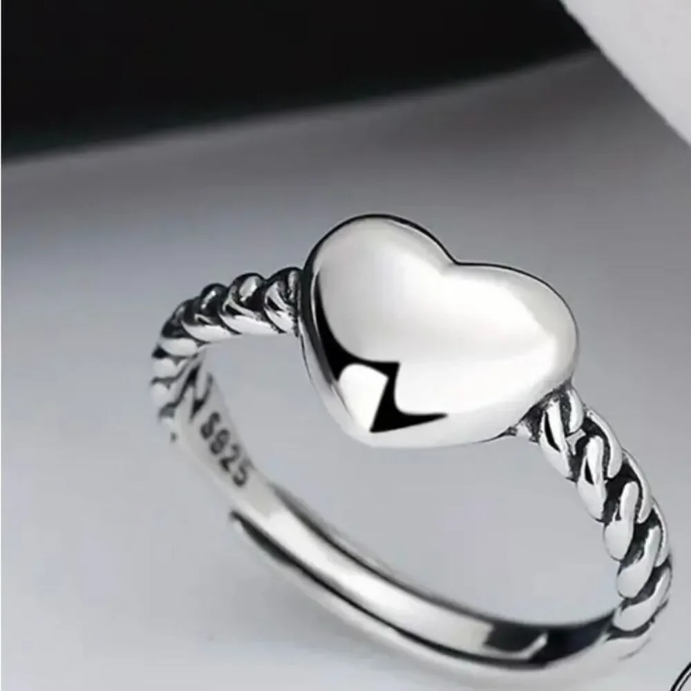 Sterling Silver Heart Ring Womens Cute Design Adjustable Swirl Band New